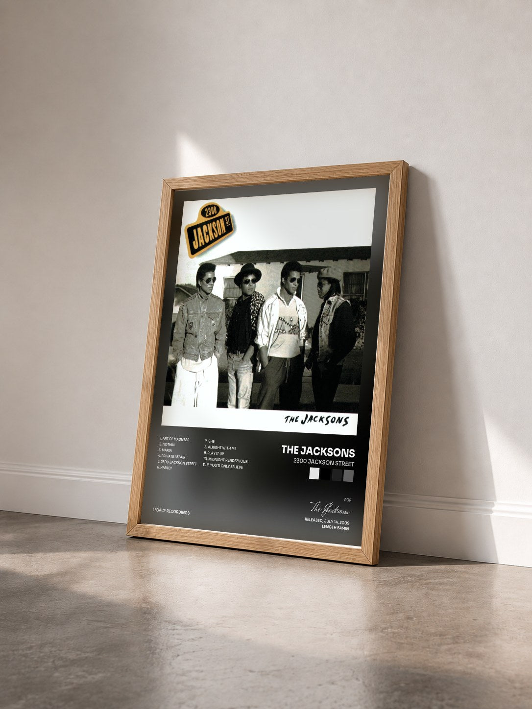#bois Tableau de l'album 2300 Jackson Street de The Jacksons vu de trois quarts, cadre en bois brut