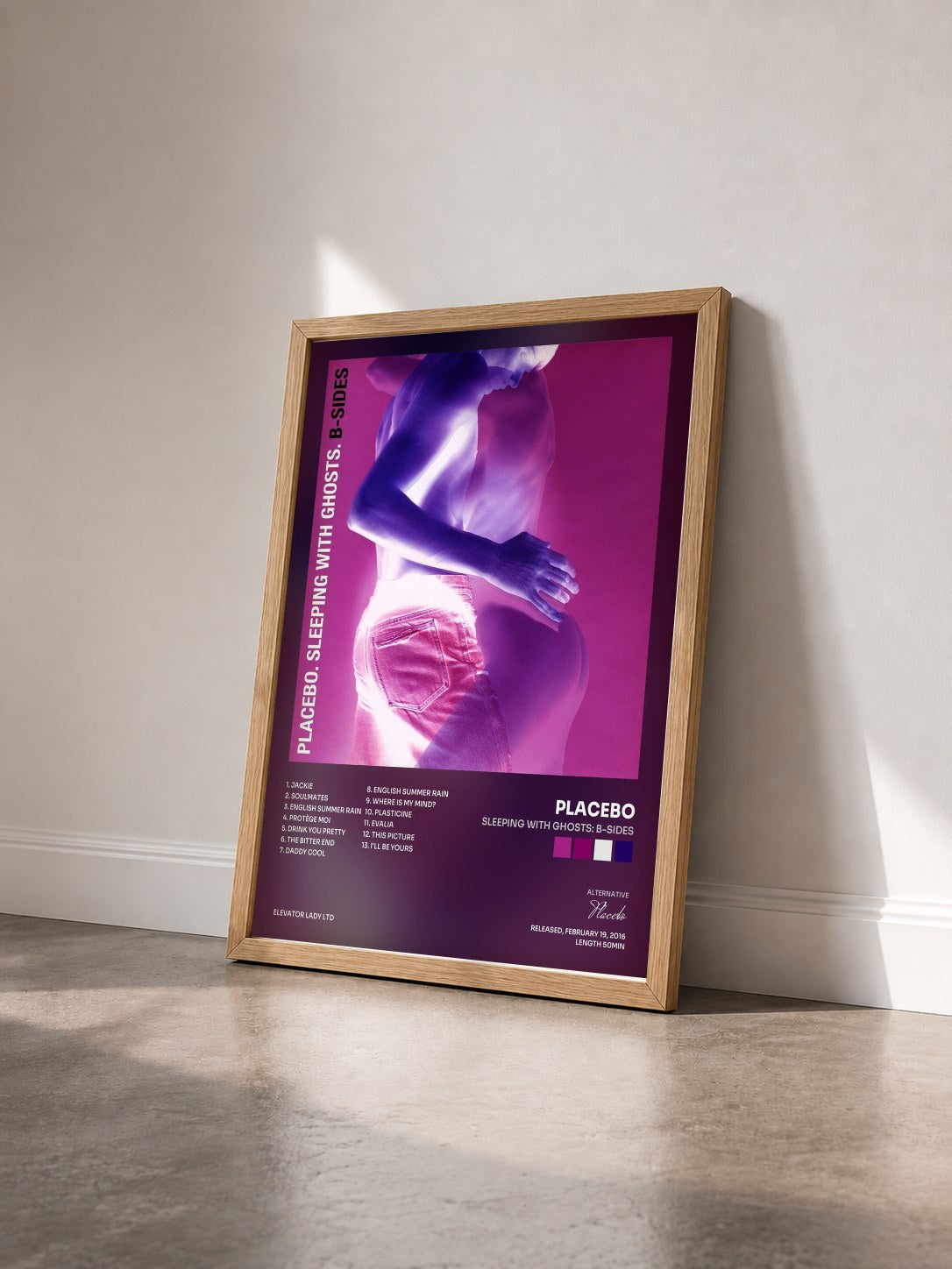 #bois Tableau de l'album Sleeping With Ghosts: B-Sides de Placebo vu de trois quarts, cadre en bois brut