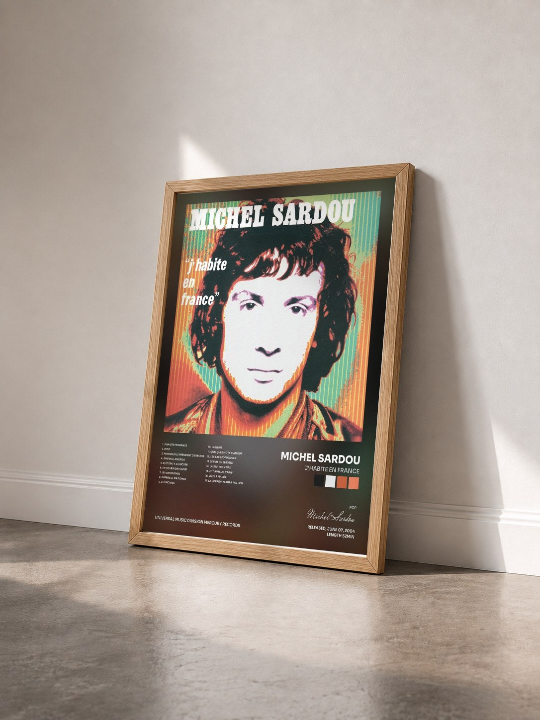 #bois Tableau de l'album J'Habite En France de Michel Sardou vu de trois quarts, cadre en bois brut