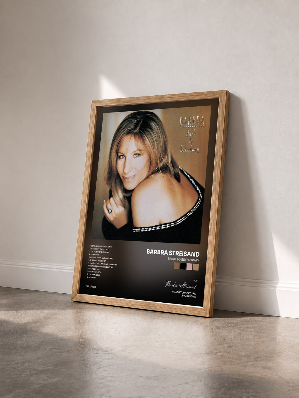 #bois Tableau de l'album Back To Broadway de Barbra Streisand vu de trois quarts, cadre en bois brut
