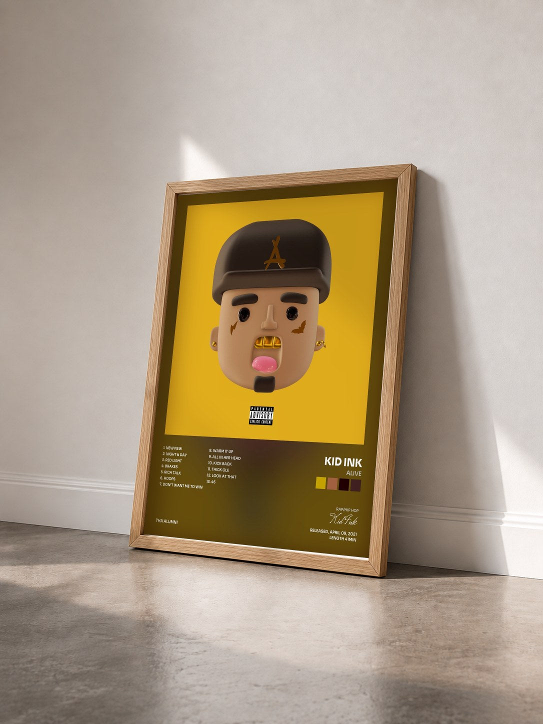 #bois Tableau de l'album ALIVE de Kid Ink vu de trois quarts, cadre en bois brut