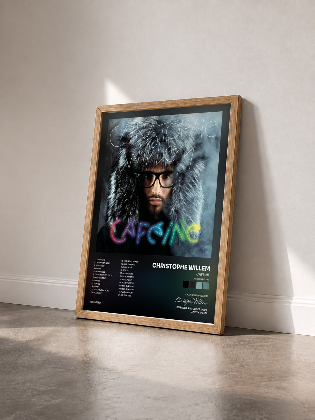 #bois Tableau de l'album Caféine (Version deluxe) de Christophe Willem vu de trois quarts, cadre en bois brut