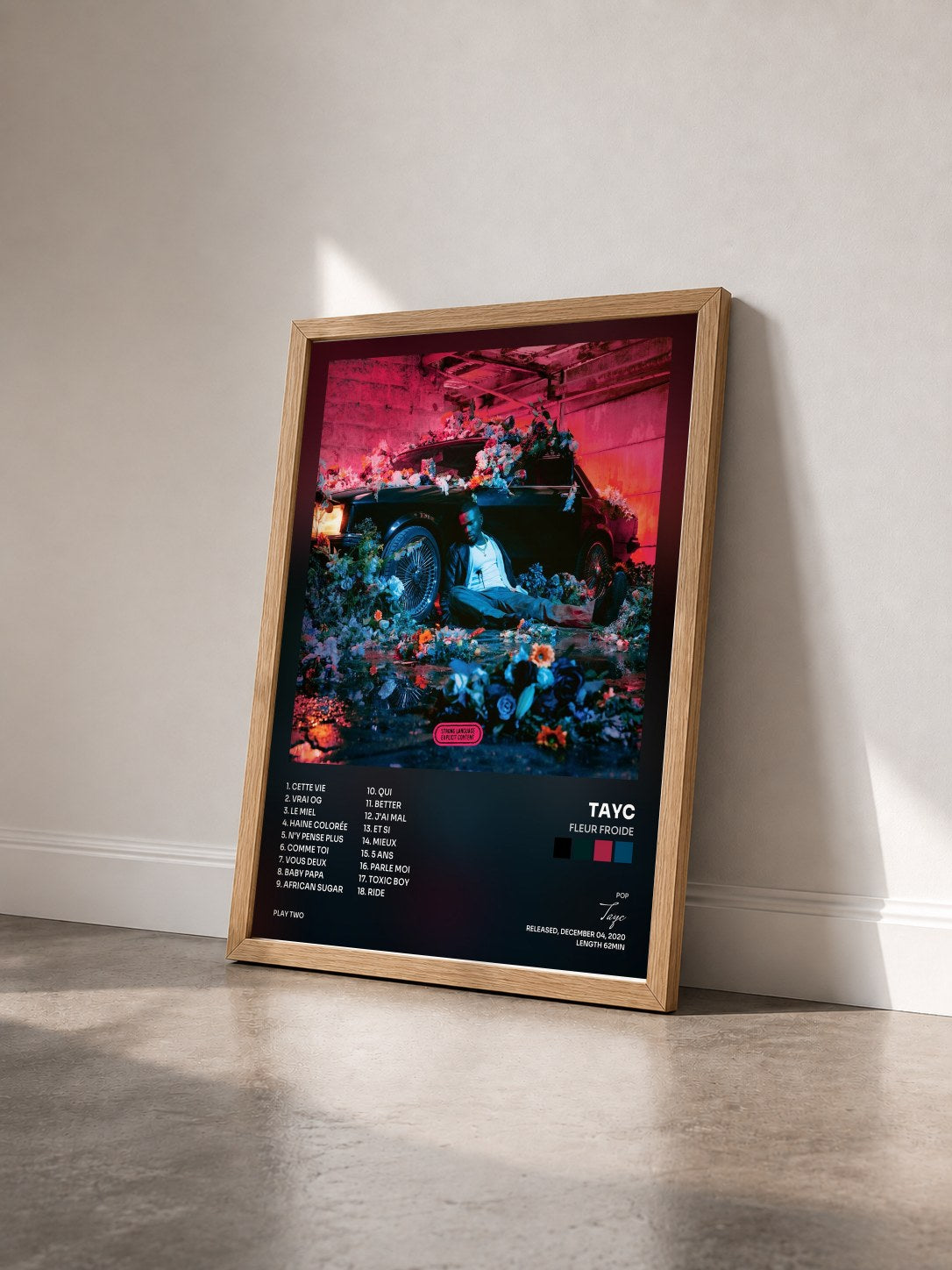 #bois Tableau de l'album Fleur froide de Tayc vu de trois quarts, cadre en bois brut