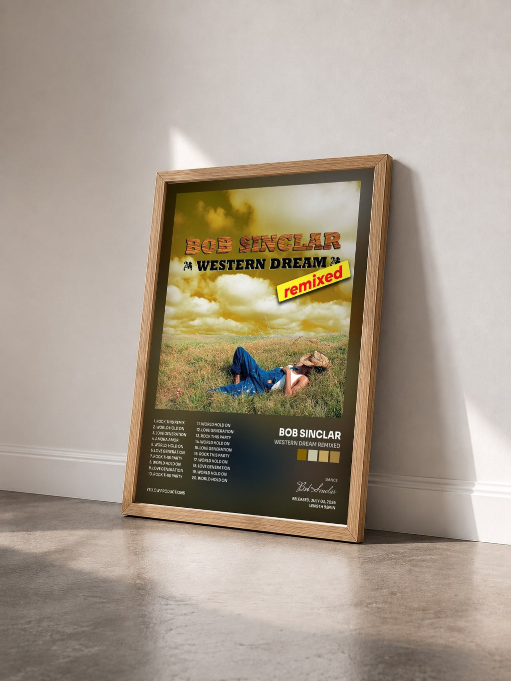 #bois Tableau de l'album Western Dream Remixed de Bob Sinclar vu de trois quarts, cadre en bois brut