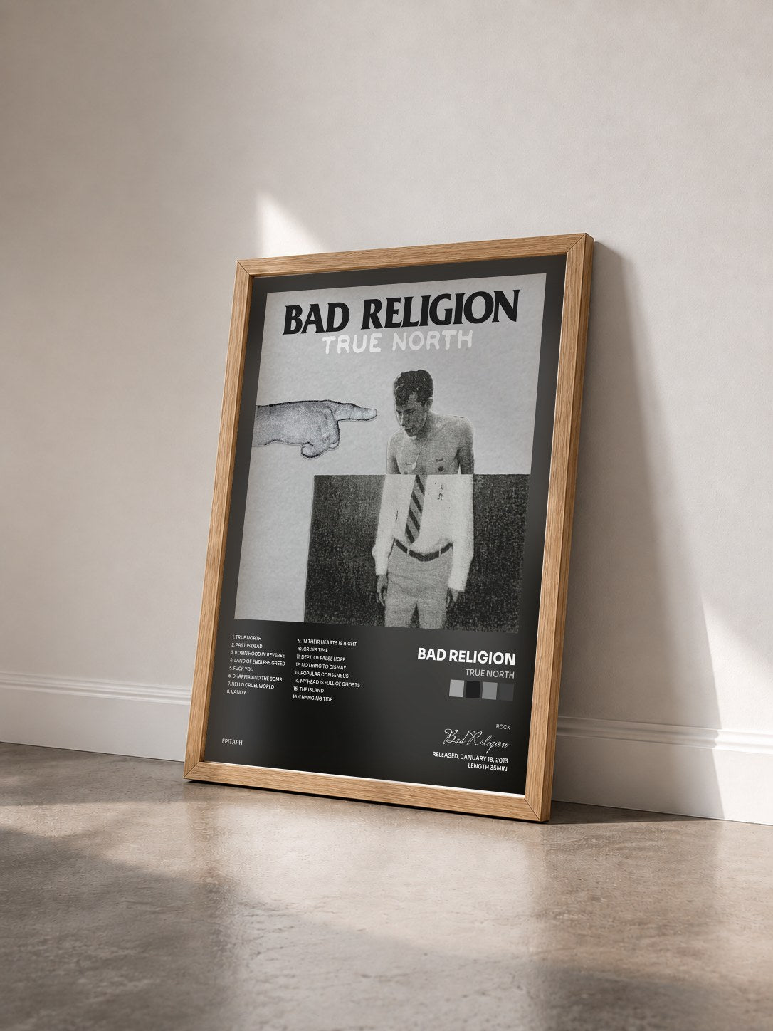 #bois Tableau de l'album True North de Bad Religion vu de trois quarts, cadre en bois brut