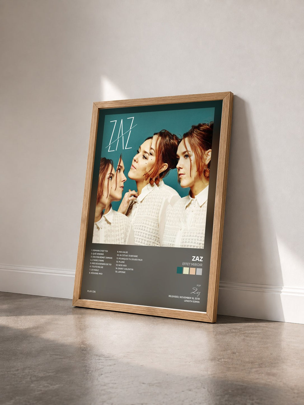 #bois Tableau de l'album Effet miroir de Zaz vu de trois quarts, cadre en bois brut