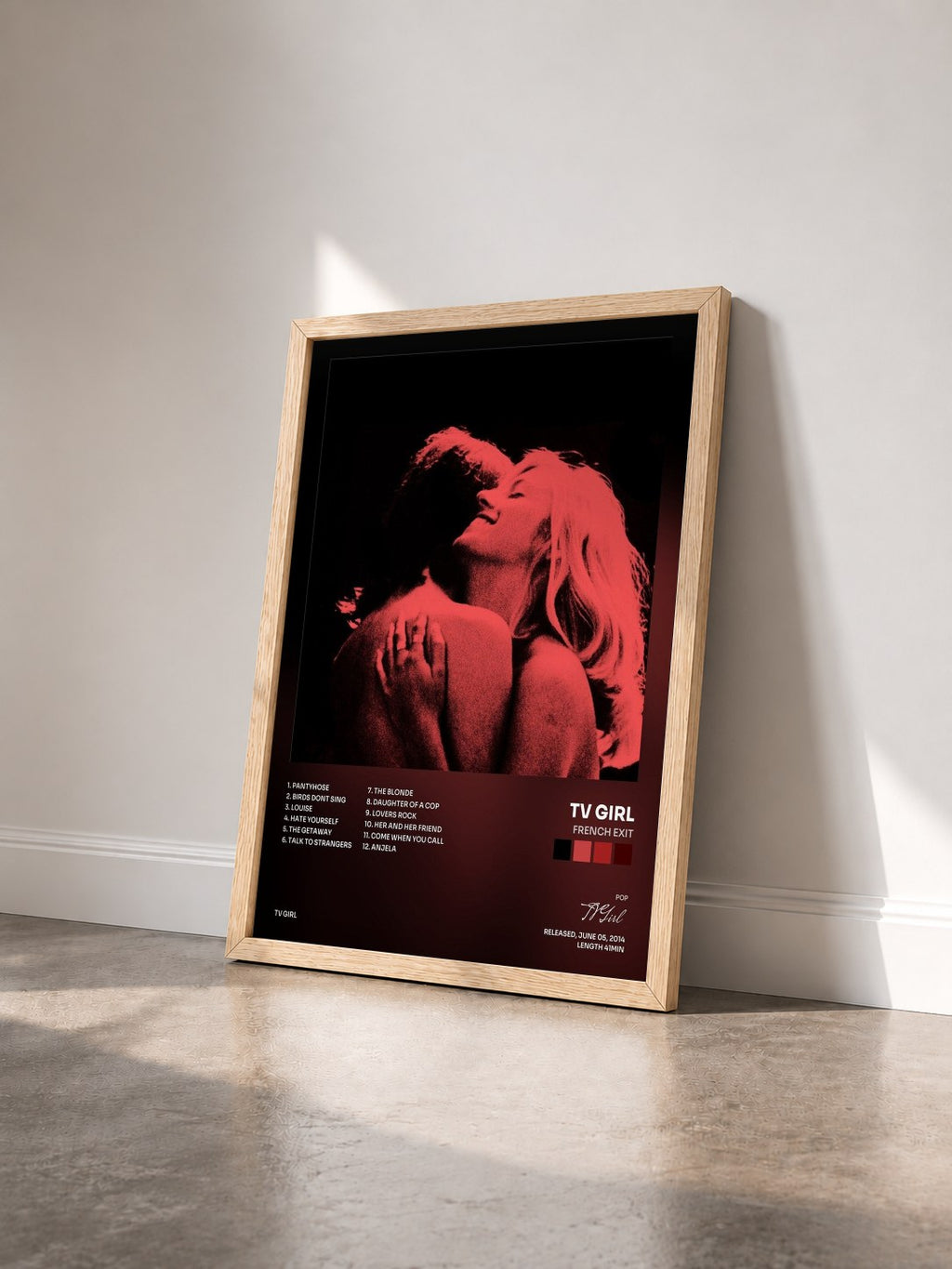 #bois Tableau de l'album French Exit de TV Girl vu de trois quarts, cadre en bois brut