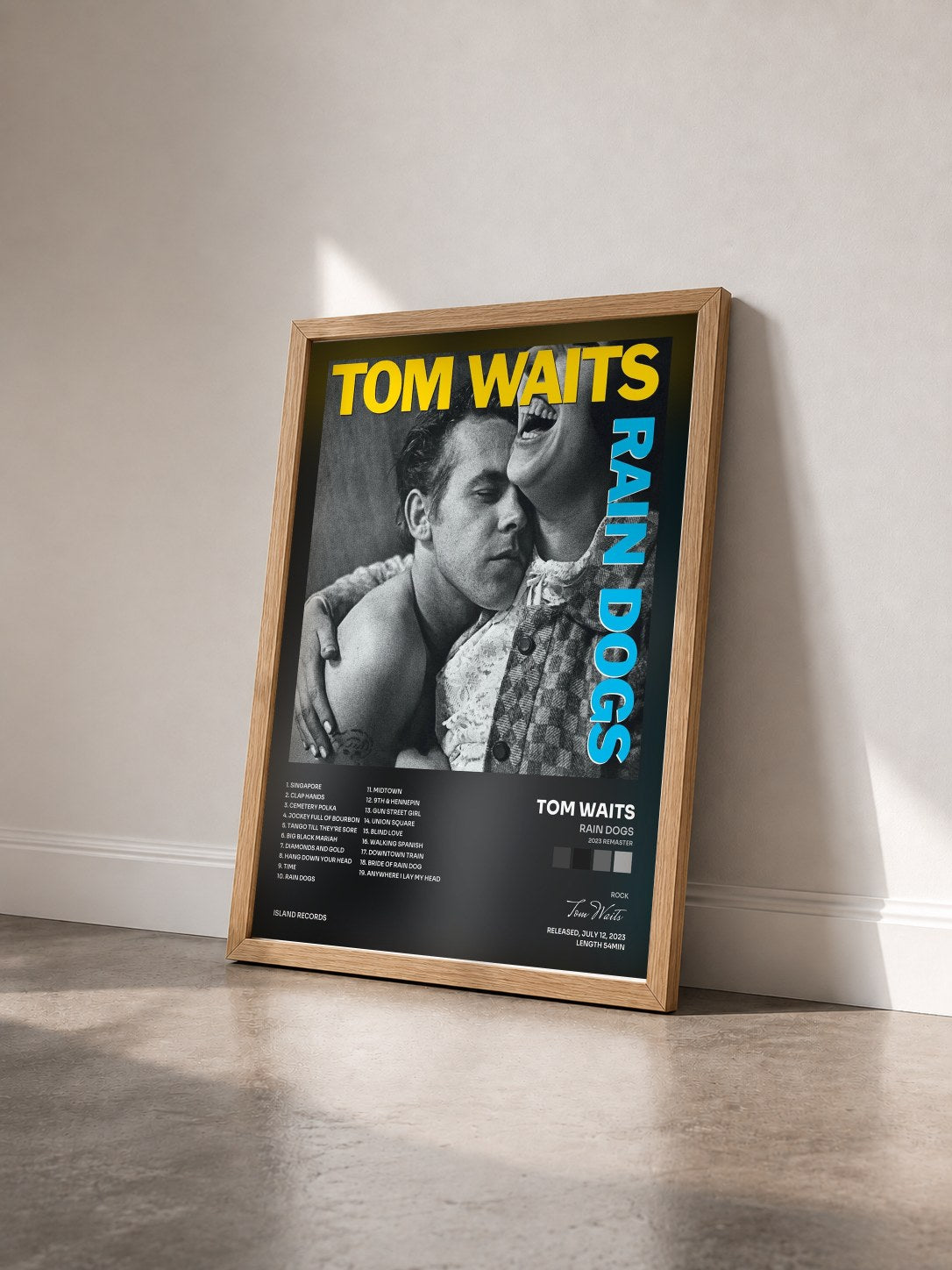 #bois Tableau de l'album Rain Dogs (2023 Remaster) de Tom Waits vu de trois quarts, cadre en bois brut