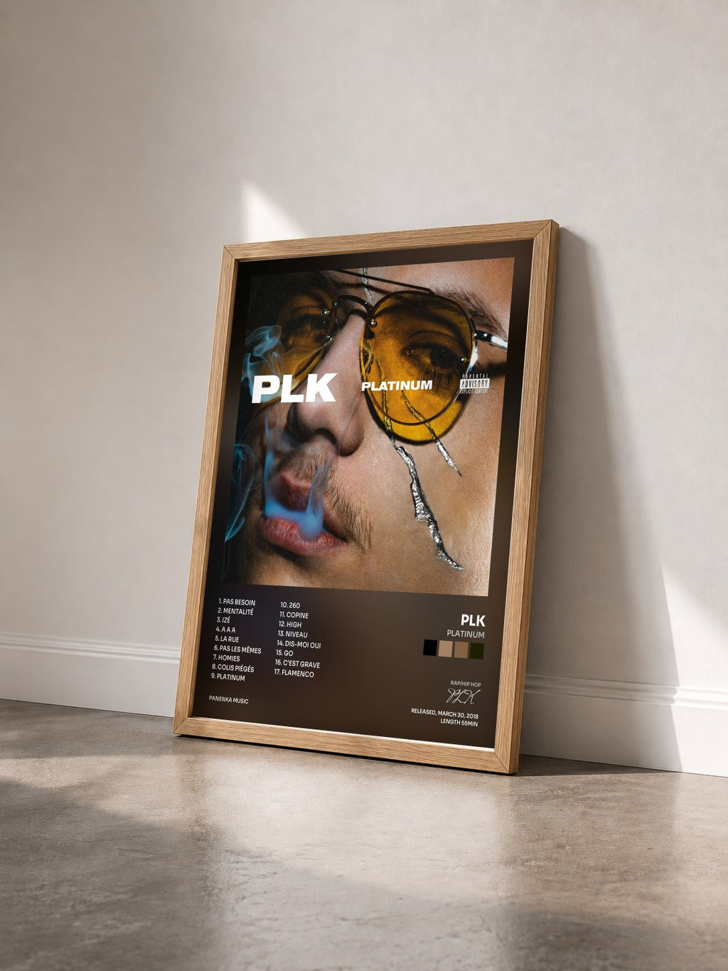#bois Tableau de l'album Platinum de PLK vu de trois quarts, cadre en bois brut