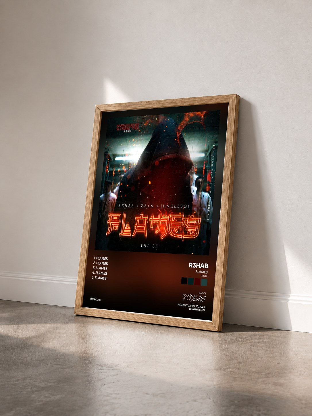 #bois Tableau de l'album Flames (The EP) de R3HAB vu de trois quarts, cadre en bois brut