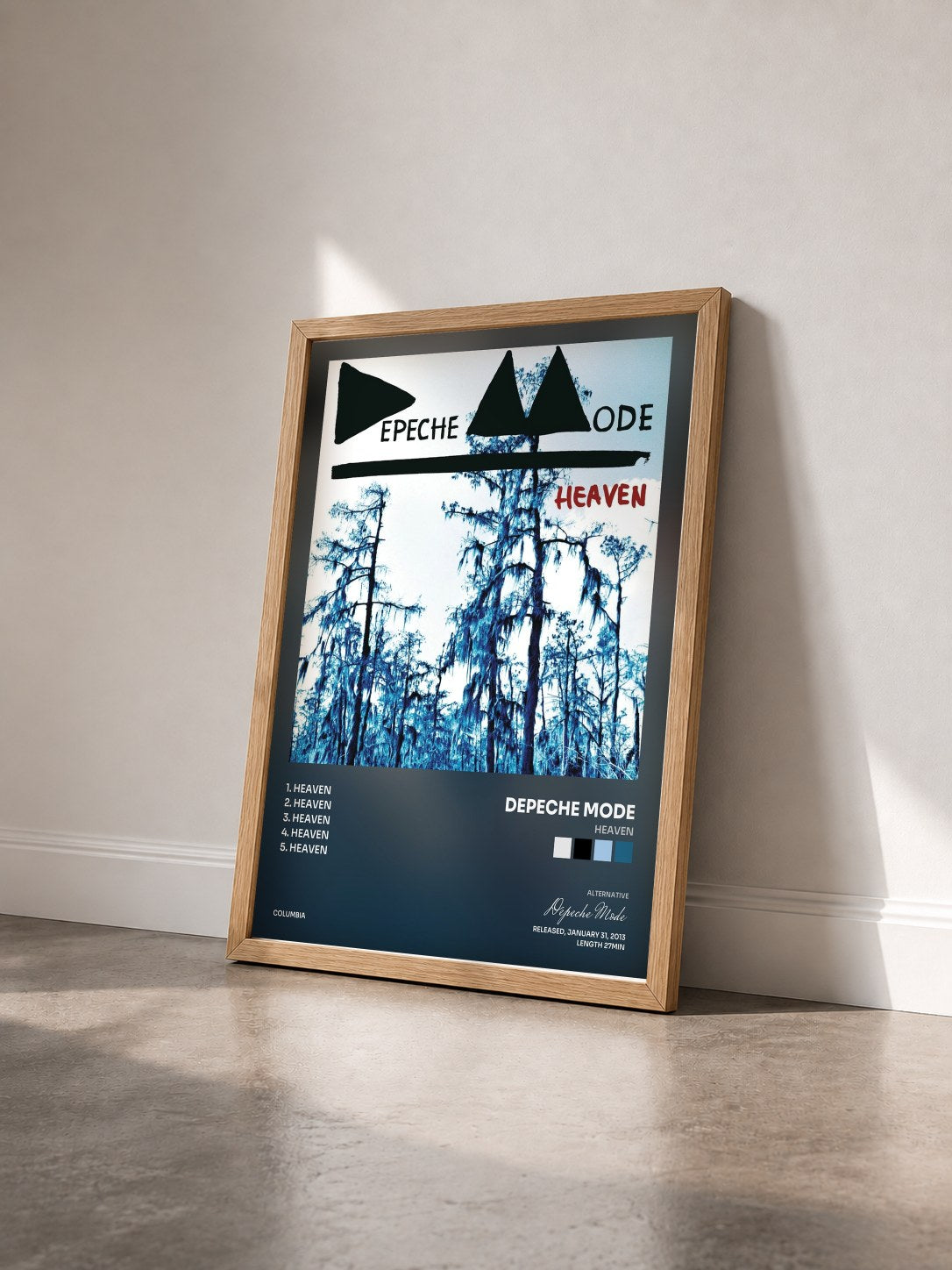 #bois Tableau de l'album Heaven de Depeche Mode vu de trois quarts, cadre en bois brut
