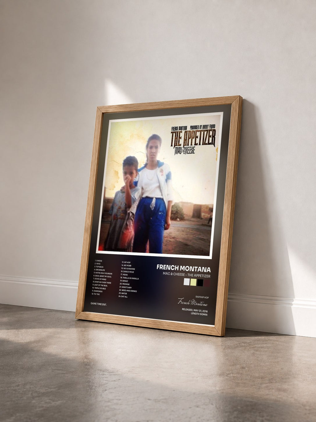 #bois Tableau de l'album Mac & Cheese - The Appetizer de French Montana vu de trois quarts, cadre en bois brut