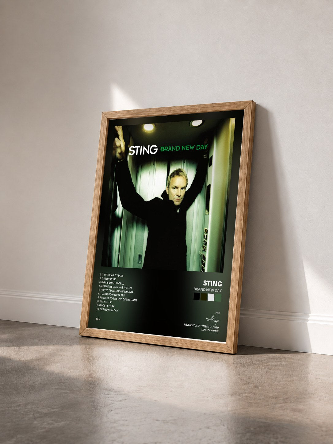 #bois Tableau de l'album Brand New Day de Sting vu de trois quarts, cadre en bois brut
