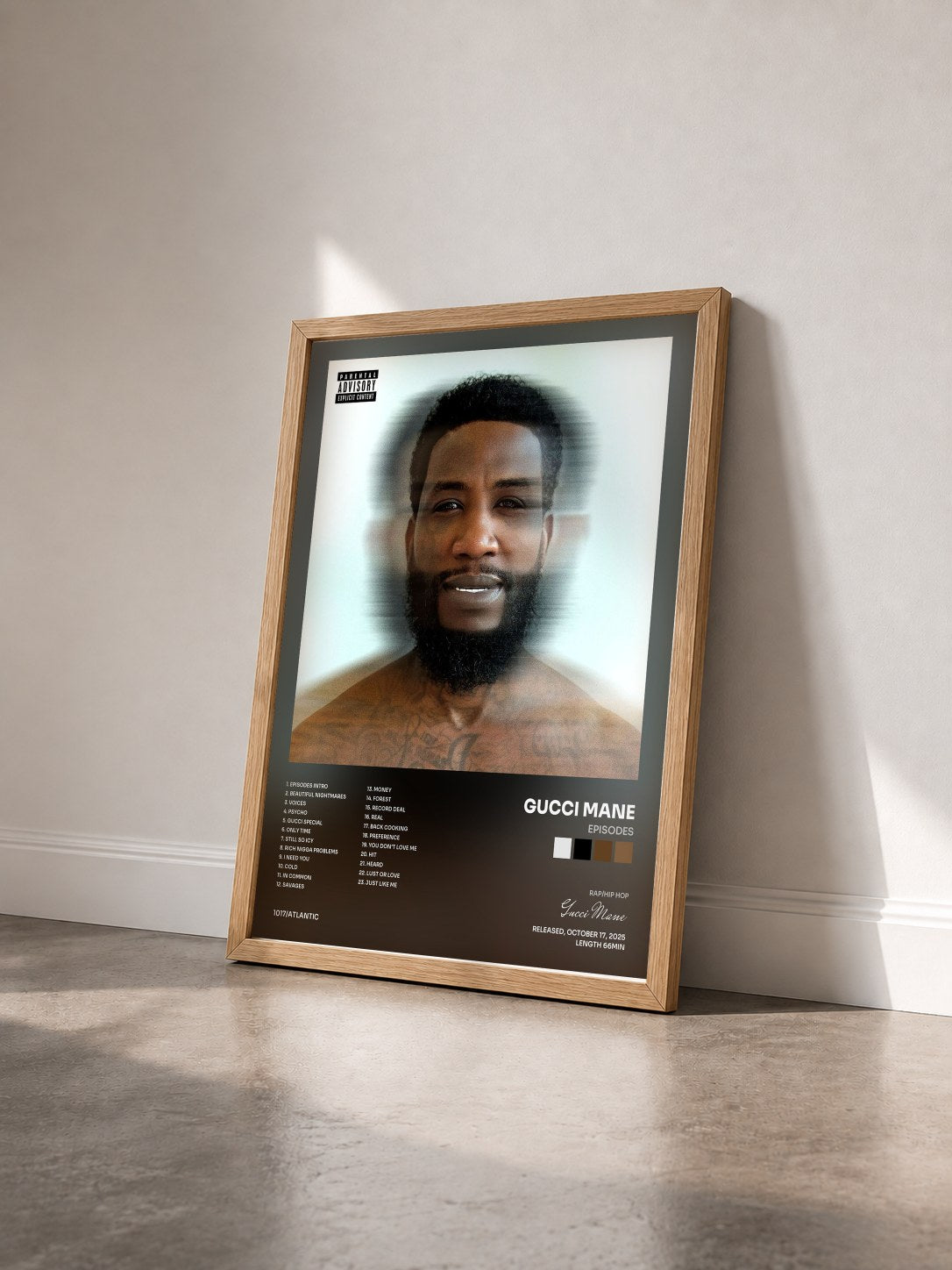 #bois Tableau de l'album Episodes de Gucci Mane vu de trois quarts, cadre en bois brut