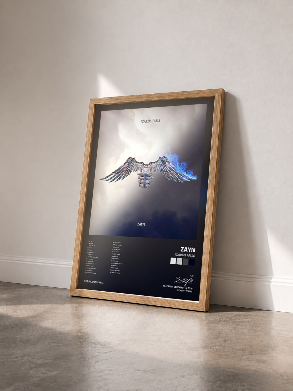 #bois Tableau de l'album Icarus Falls de ZAYN vu de trois quarts, cadre en bois brut