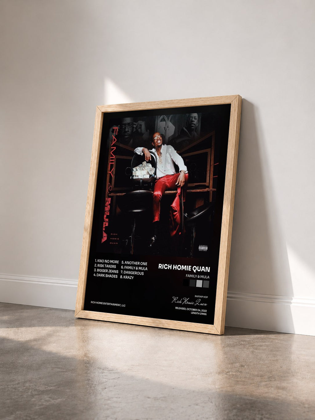 #bois Tableau de l'album Family & Mula de Rich Homie Quan vu de trois quarts, cadre en bois brut