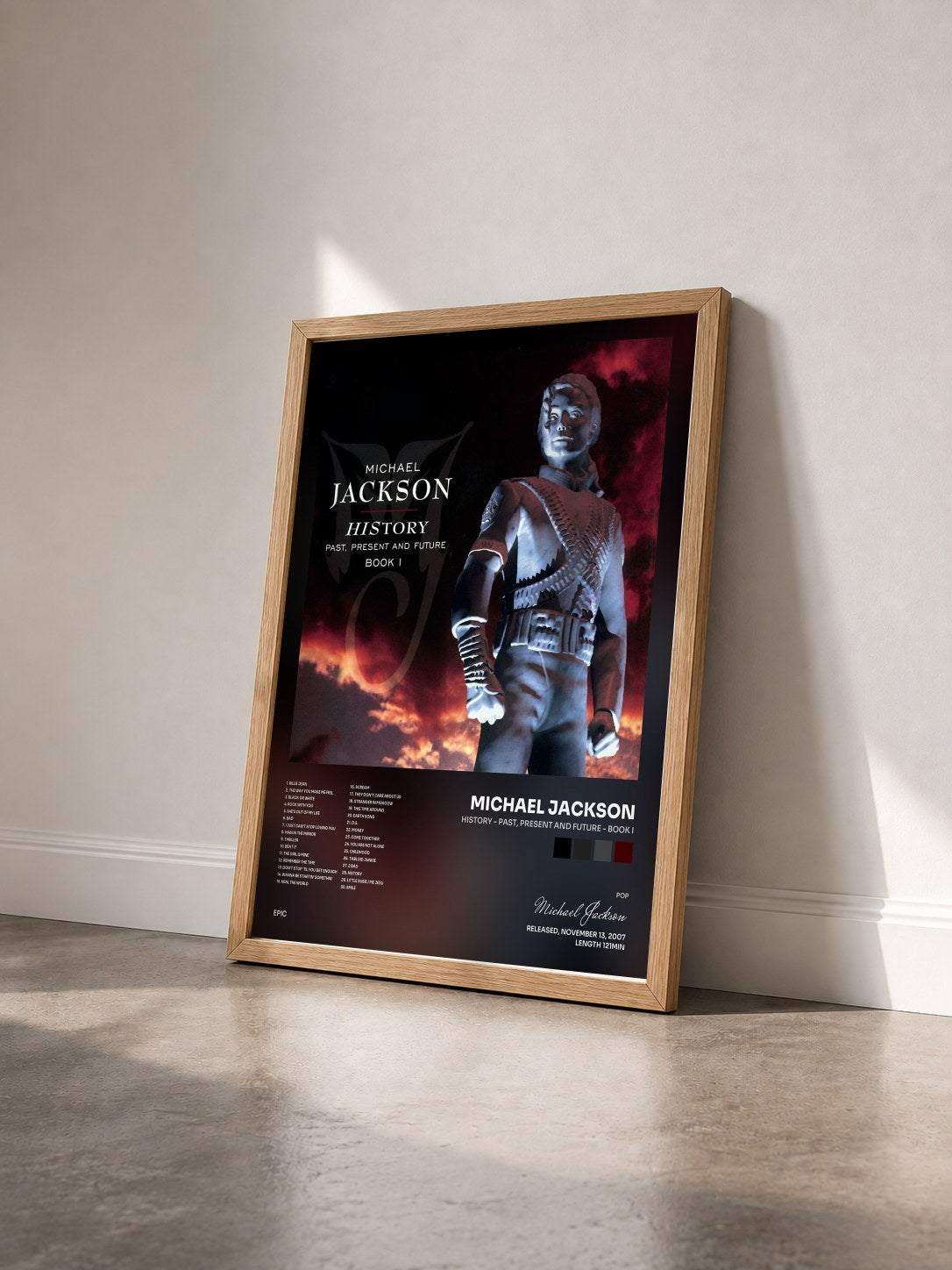 #bois Tableau de l'album HIStory - PAST, PRESENT AND FUTURE - BOOK I de Michael Jackson vu de trois quarts, cadre en bois brut