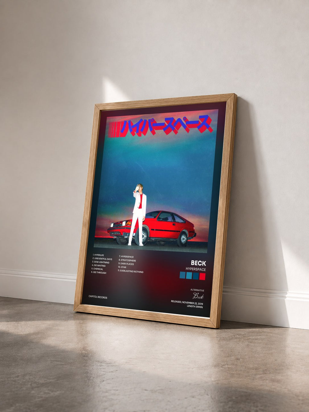 #bois Tableau de l'album Hyperspace de Beck vu de trois quarts, cadre en bois brut