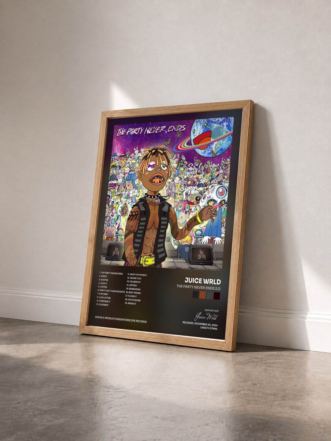 #bois Tableau de l'album The Party Never Ends 2.0 de Juice Wrld vu de trois quarts, cadre en bois brut