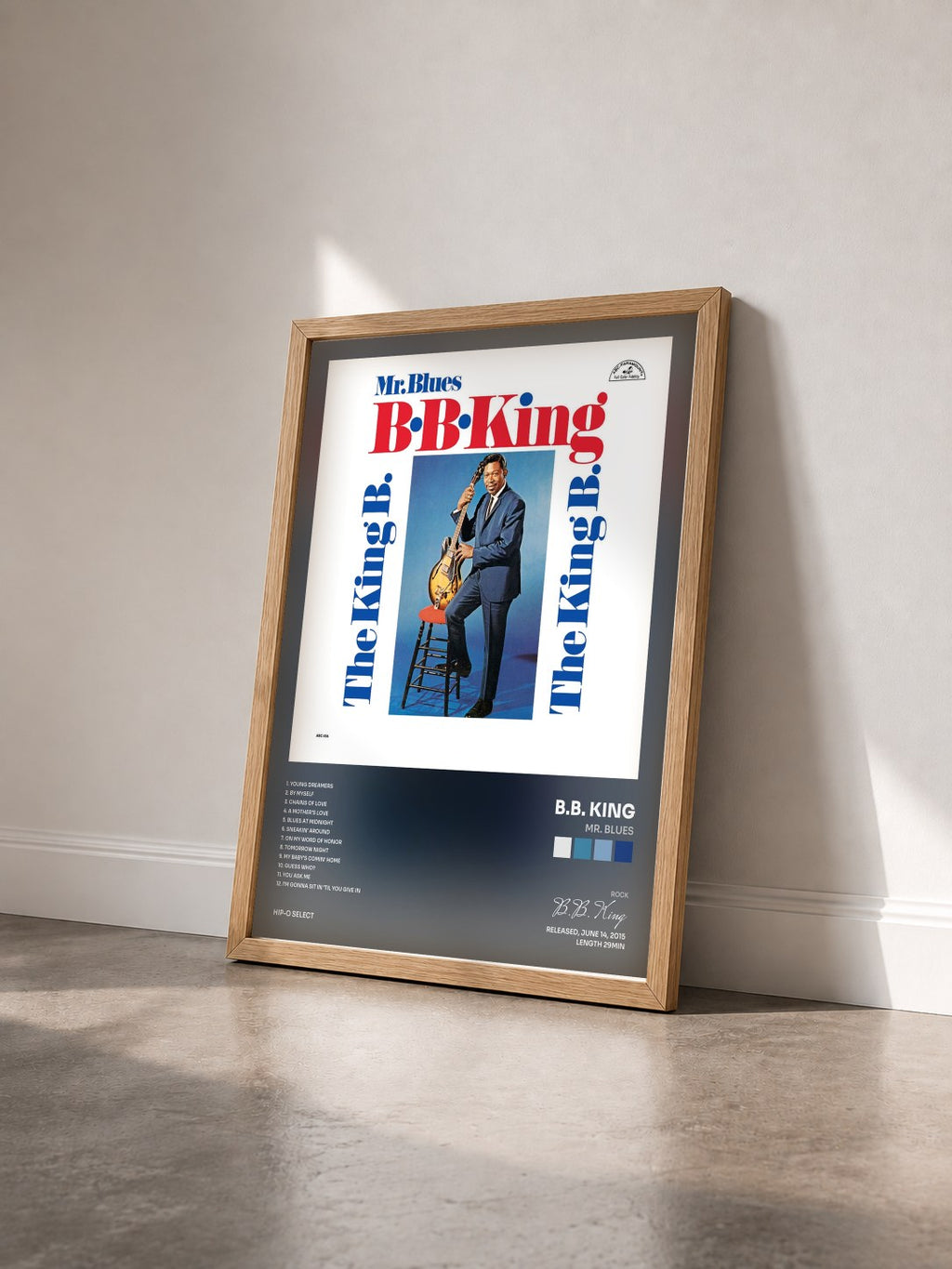 #bois Tableau de l'album Mr. Blues de B.B. King vu de trois quarts, cadre en bois brut