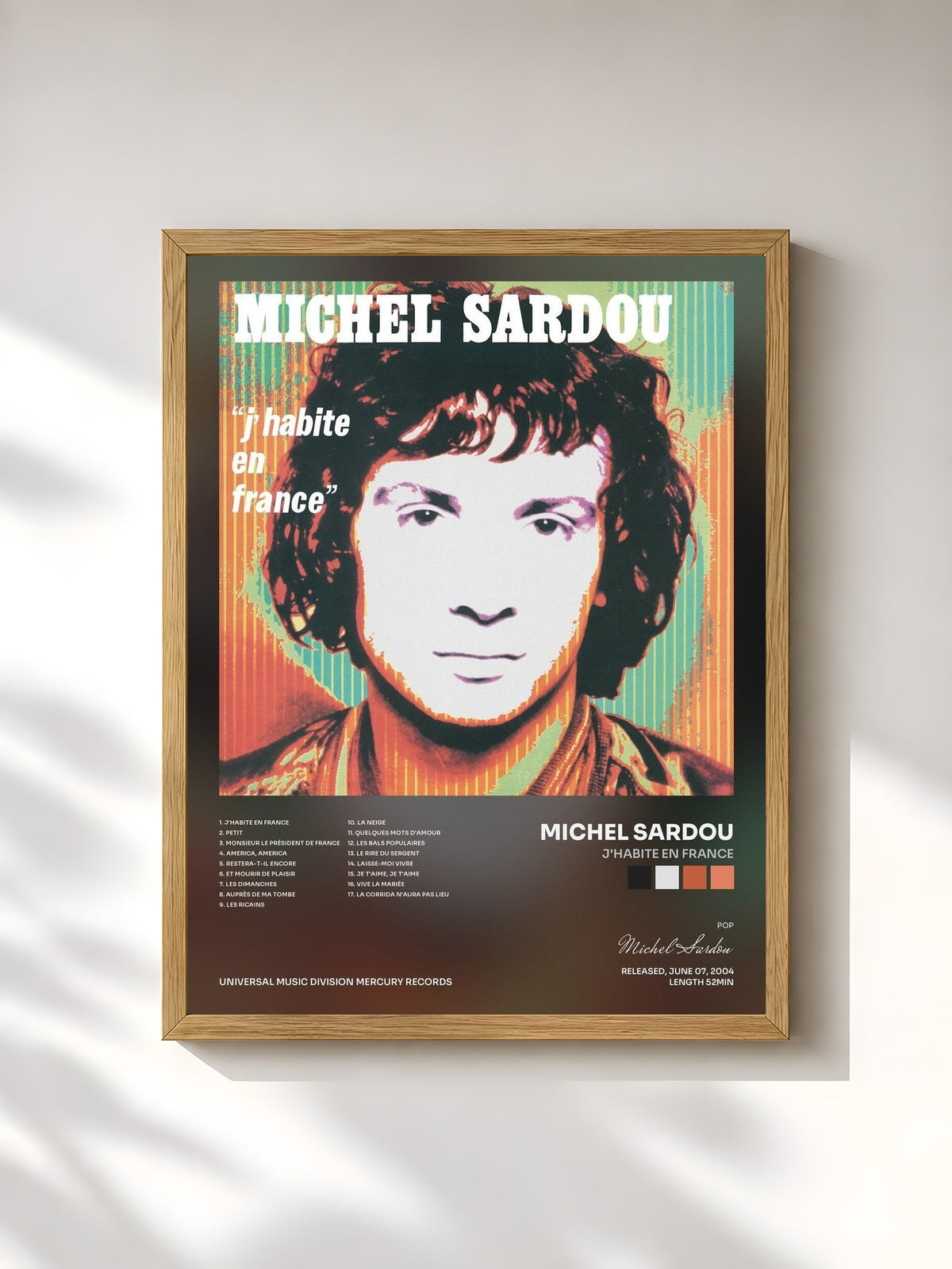 #bois Tableau de l'album J'Habite En France de Michel Sardou, cadre en bois brut, imprimé et encadré en France