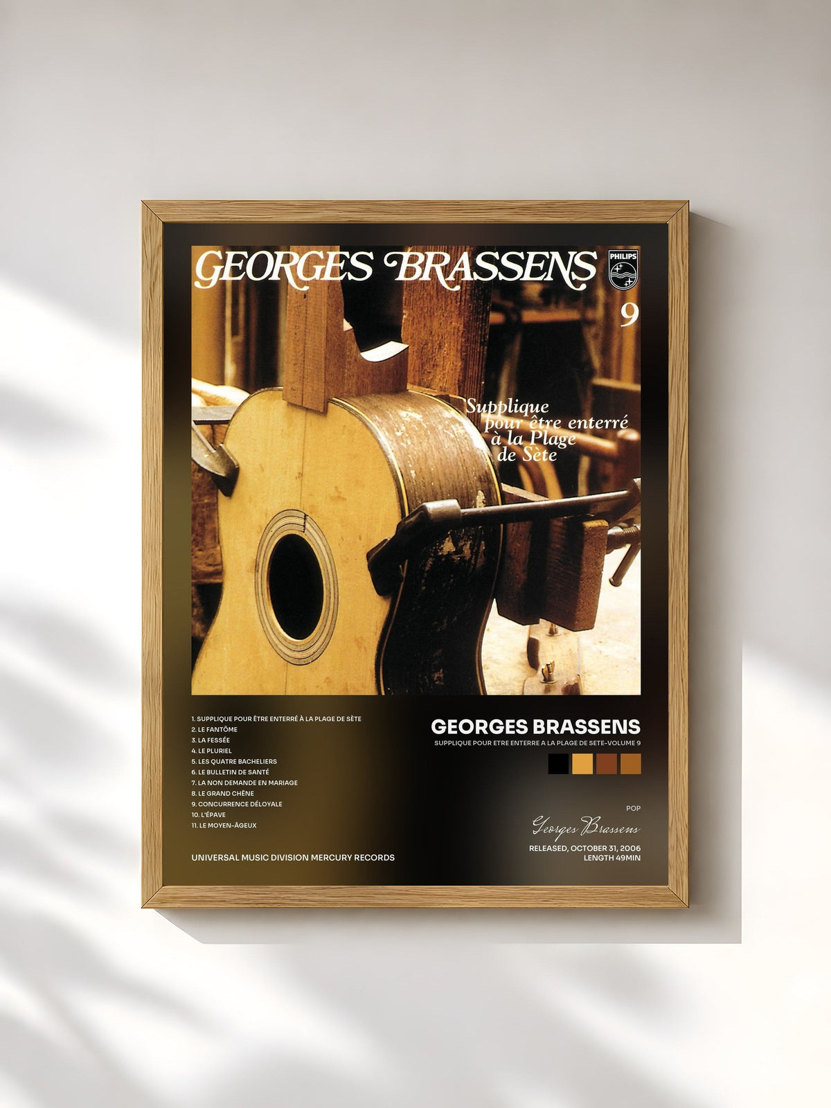 #bois Tableau de l'album Supplique Pour Etre Enterre A La Plage De Sete-Volume 9 de Georges Brassens, cadre en bois brut, imprimé et encadré en France