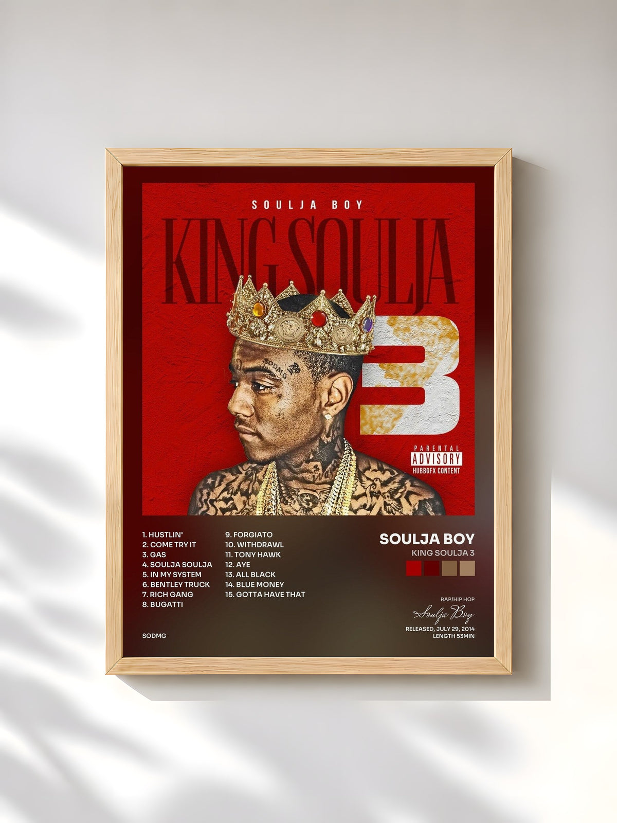 #bois Tableau de l'album King Soulja 3 de Soulja Boy, cadre en bois brut, imprimé et encadré en France