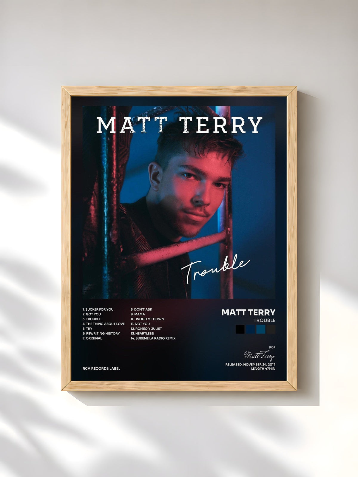 #bois Tableau de l'album Trouble de Matt Terry, cadre en bois brut, imprimé et encadré en France