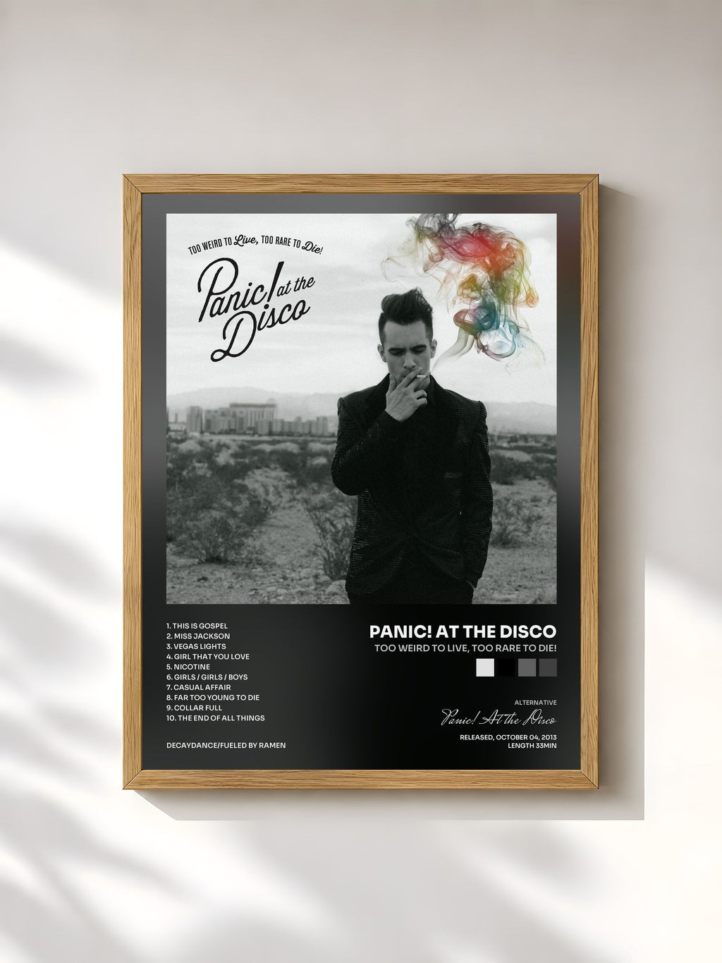 #bois Tableau de l'album Too Weird to Live, Too Rare to Die! de Panic! At the Disco, cadre en bois brut, imprimé et encadré en France