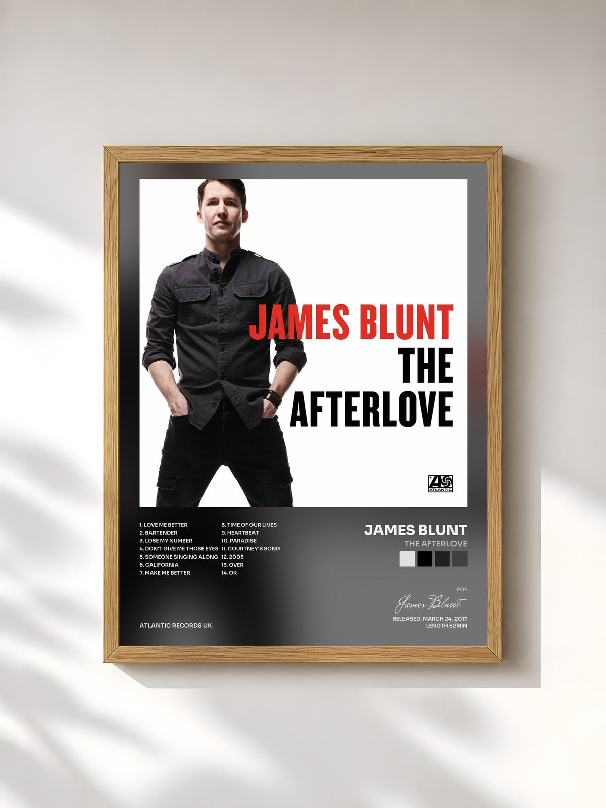 #bois Tableau de l'album The Afterlove de James Blunt, cadre en bois brut, imprimé et encadré en France