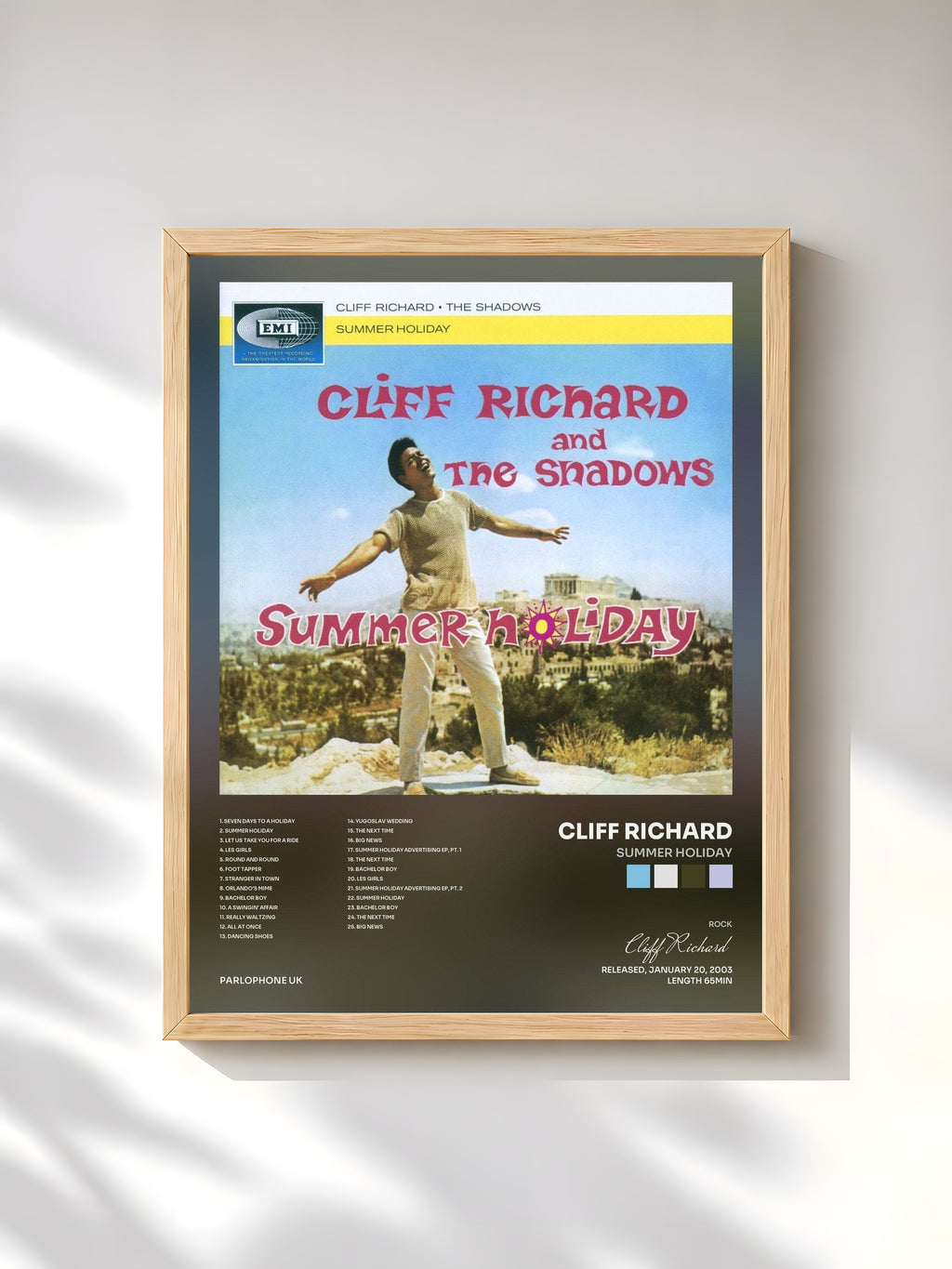 #bois Tableau de l'album Summer Holiday de Cliff Richard, cadre en bois brut, imprimé et encadré en France