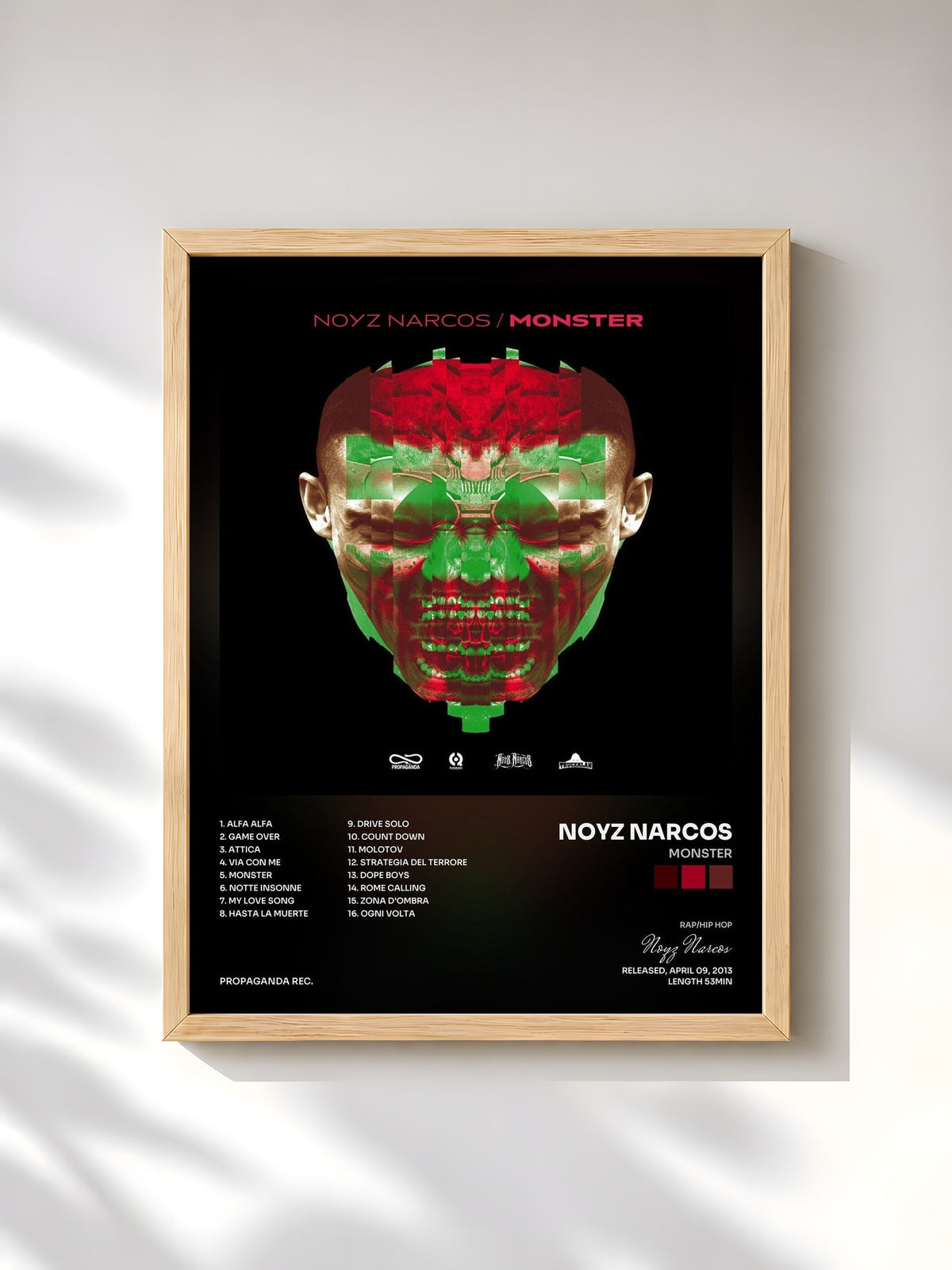 #bois Tableau de l'album Monster de Noyz Narcos, cadre en bois brut, imprimé et encadré en France