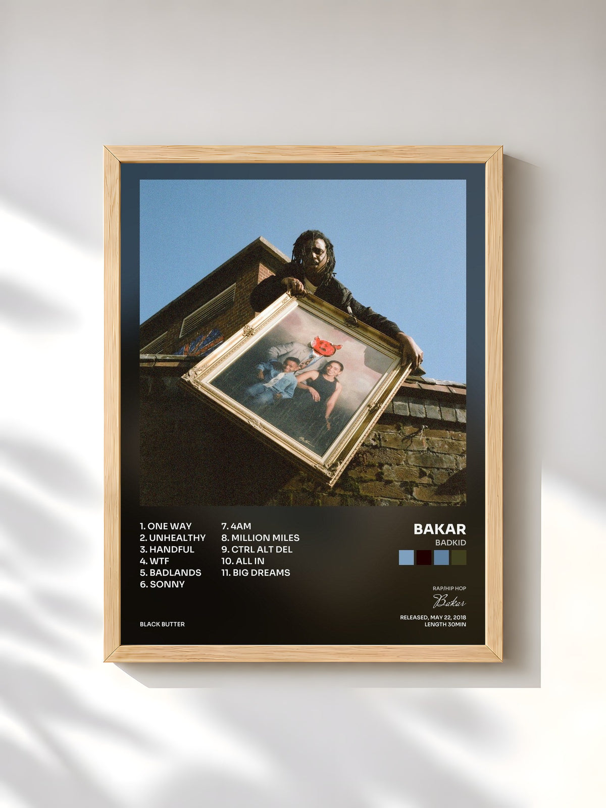 #bois Tableau de l'album Badkid de Bakar, cadre en bois brut, imprimé et encadré en France