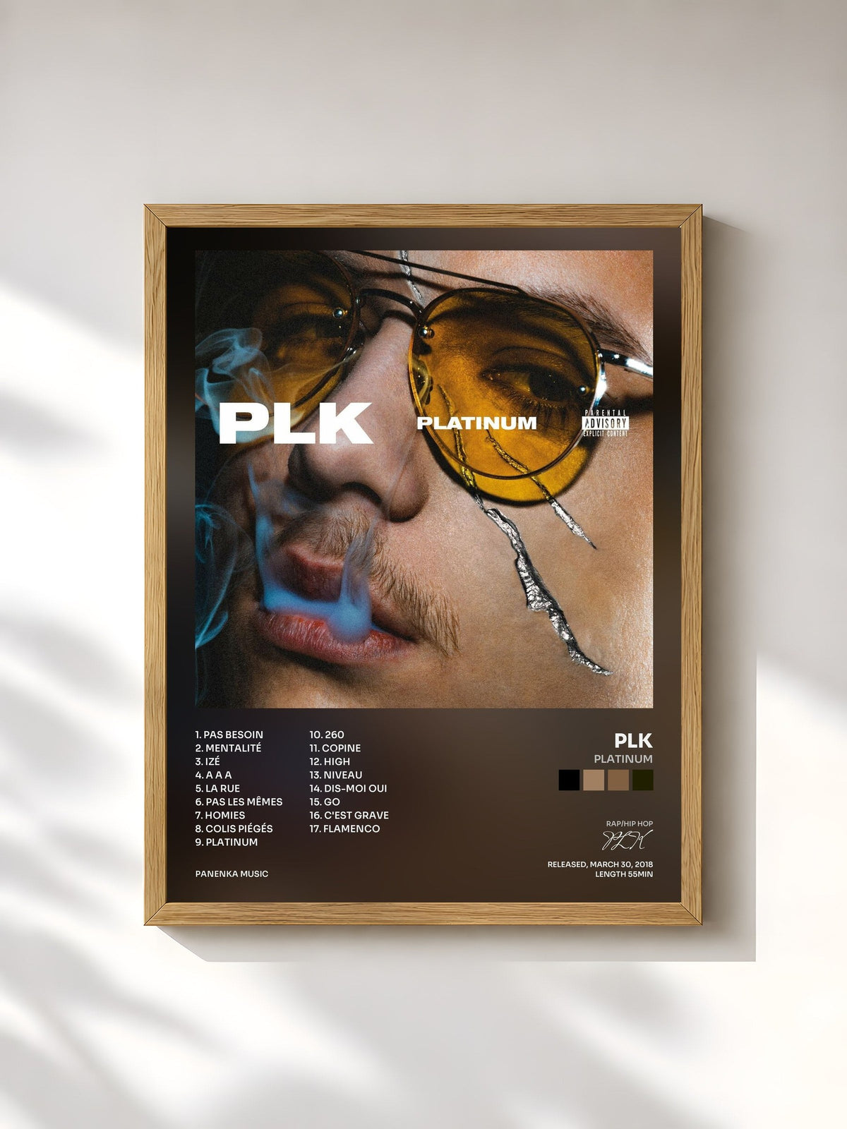 #bois Tableau de l'album Platinum de PLK, cadre en bois brut, imprimé et encadré en France