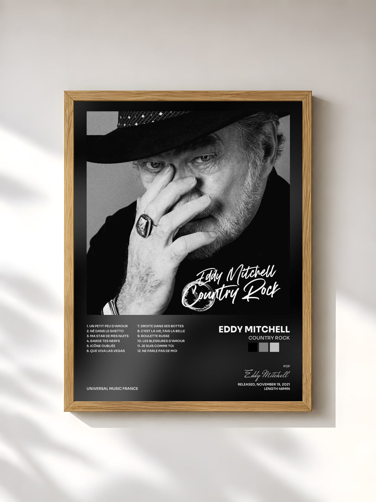 #bois Tableau de l'album Country Rock de Eddy Mitchell, cadre en bois brut, imprimé et encadré en France