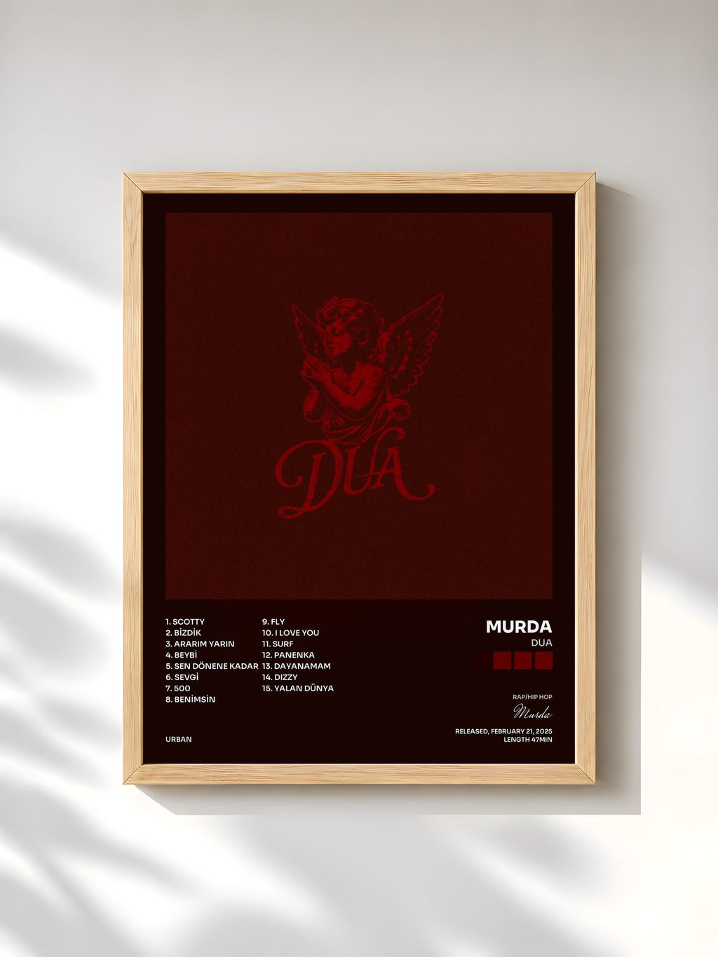 #bois Tableau de l'album DUA de Murda, cadre en bois brut, imprimé et encadré en France