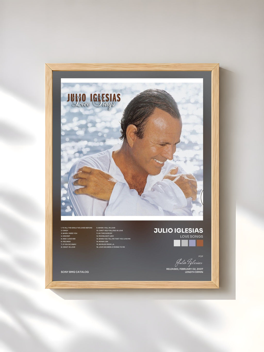 #bois Tableau de l'album Love Songs de Julio Iglesias, cadre en bois brut, imprimé et encadré en France
