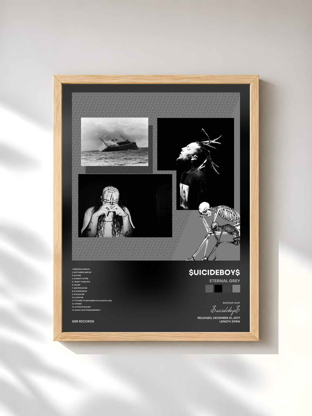 #bois Tableau de l'album Eternal Grey de $uicideboy$, cadre en bois brut, imprimé et encadré en France