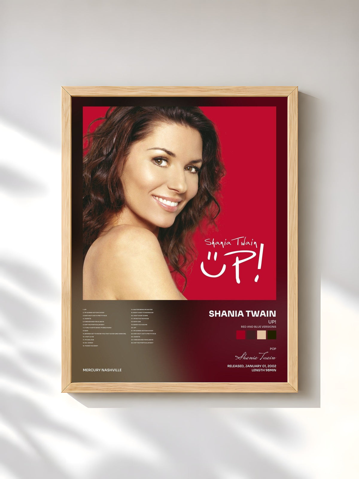 #bois Tableau de l'album Up! (Red and Blue Versions) de Shania Twain, cadre en bois brut, imprimé et encadré en France