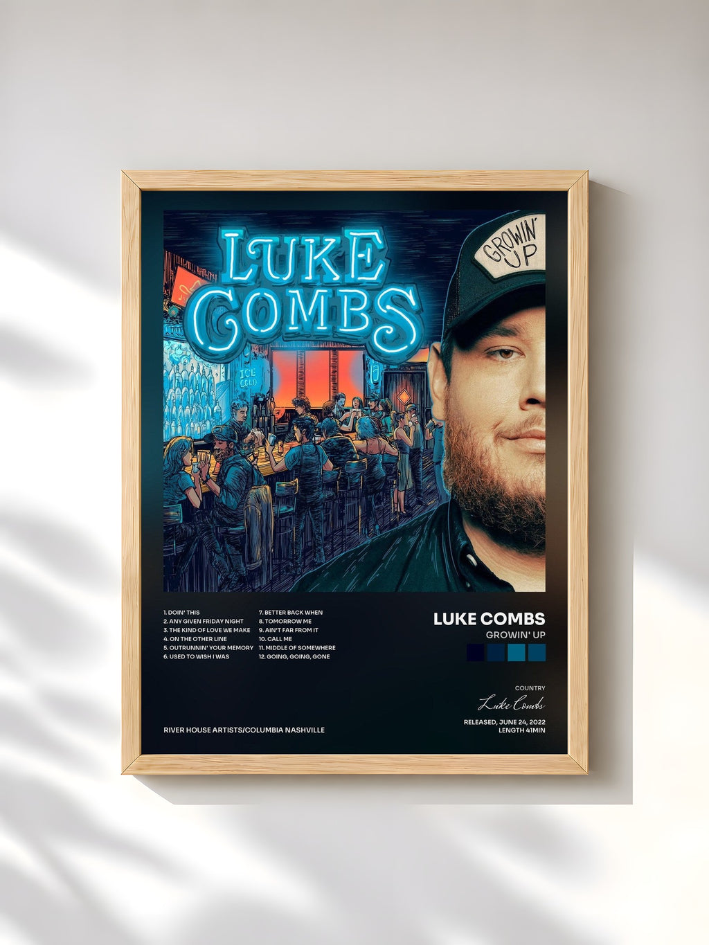 #bois Tableau de l'album Growin' Up de Luke Combs, cadre en bois brut, imprimé et encadré en France