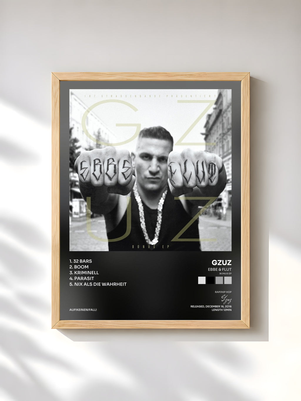 #bois Tableau de l'album Ebbe & Flut (Bonus EP) de Gzuz, cadre en bois brut, imprimé et encadré en France