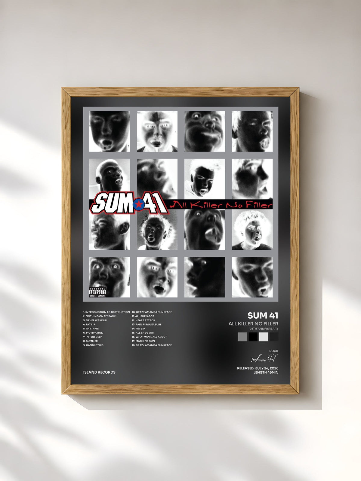 #bois Tableau de l'album All Killer No Filler (25th Anniversary) de Sum 41, cadre en bois brut, imprimé et encadré en France