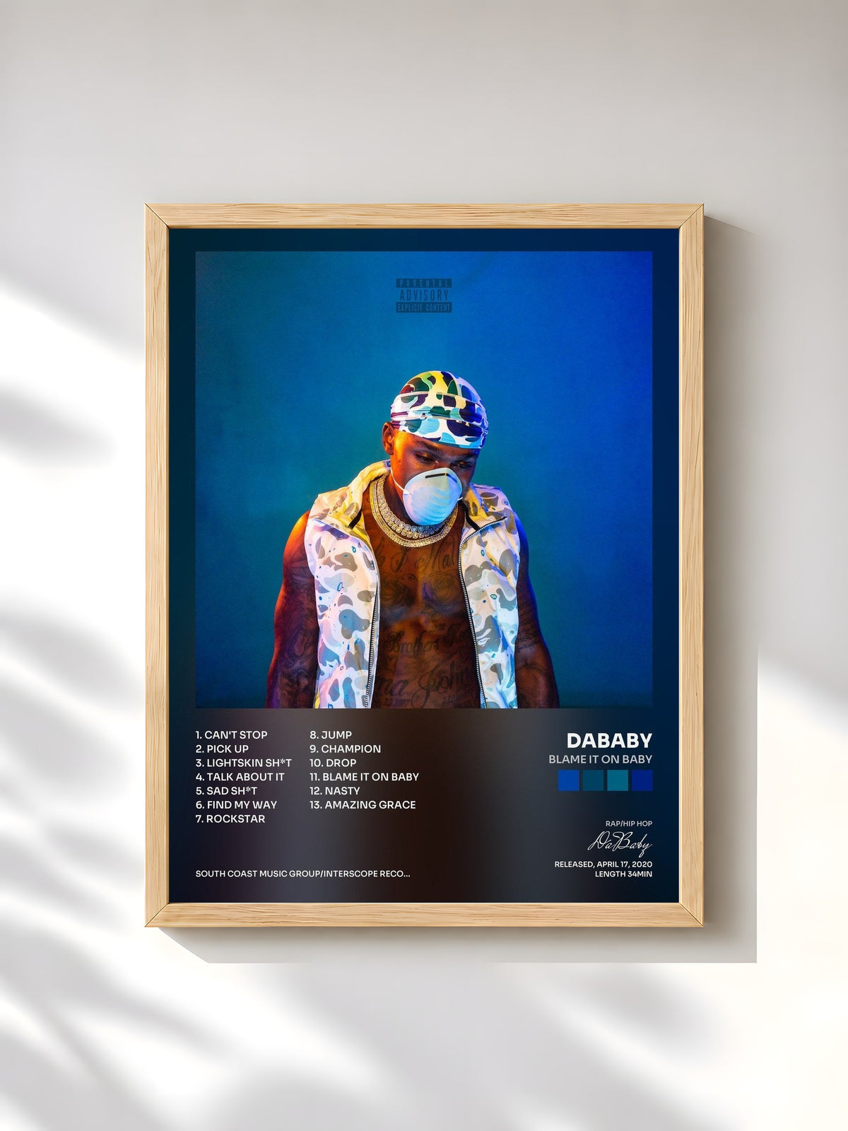 #bois Tableau de l'album BLAME IT ON BABY de DaBaby, cadre en bois brut, imprimé et encadré en France