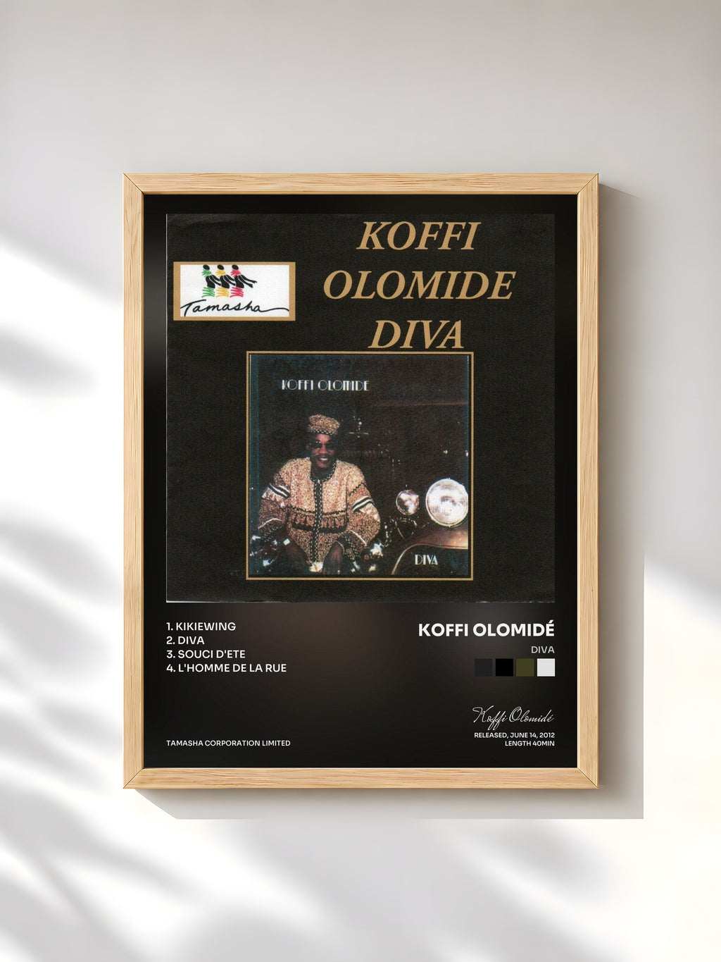 #bois Tableau de l'album Diva de Koffi Olomidé, cadre en bois brut, imprimé et encadré en France