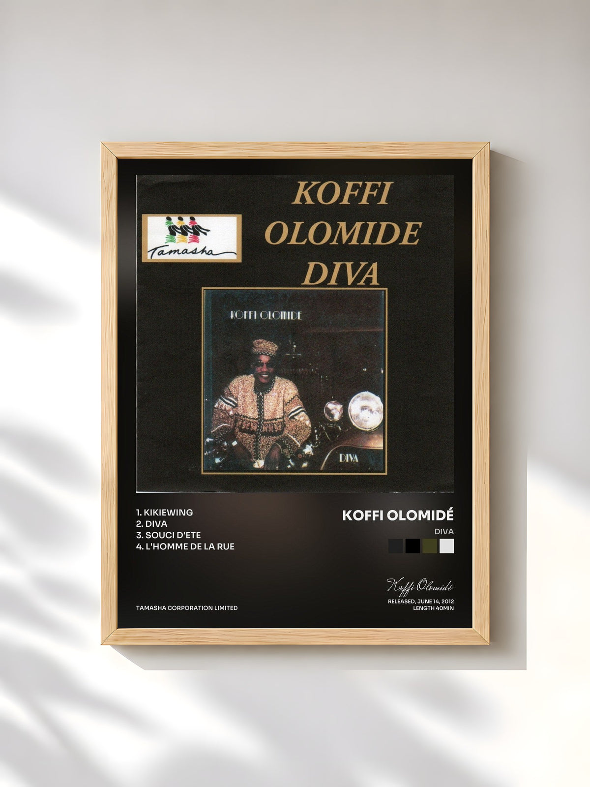 #bois Tableau de l'album Diva de Koffi Olomidé, cadre en bois brut, imprimé et encadré en France