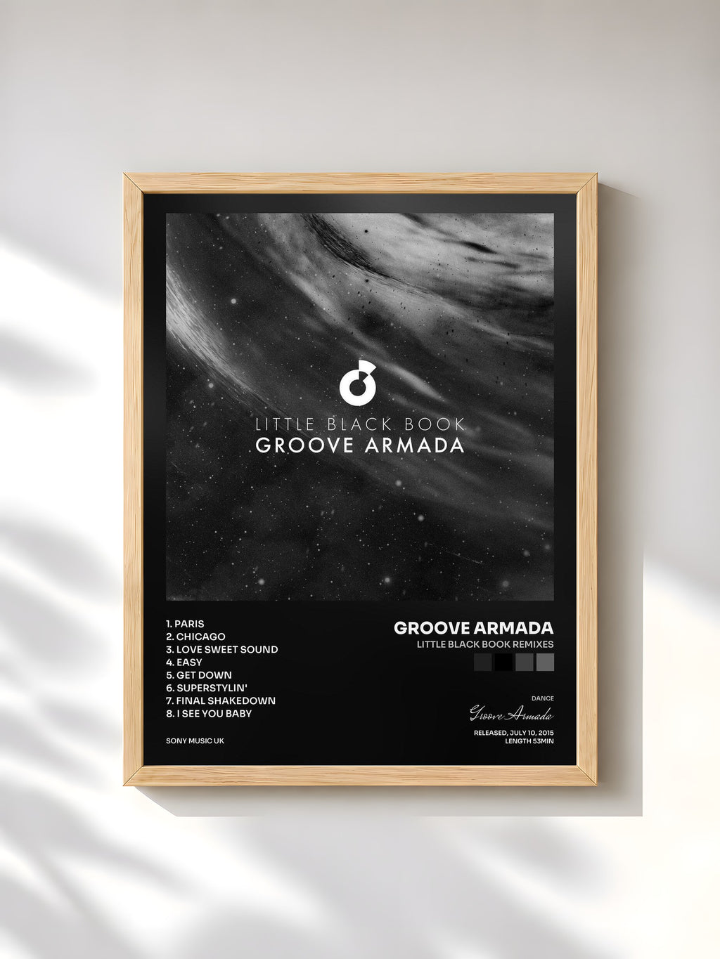 #bois Tableau de l'album Little Black Book Remixes de Groove Armada, cadre en bois brut, imprimé et encadré en France