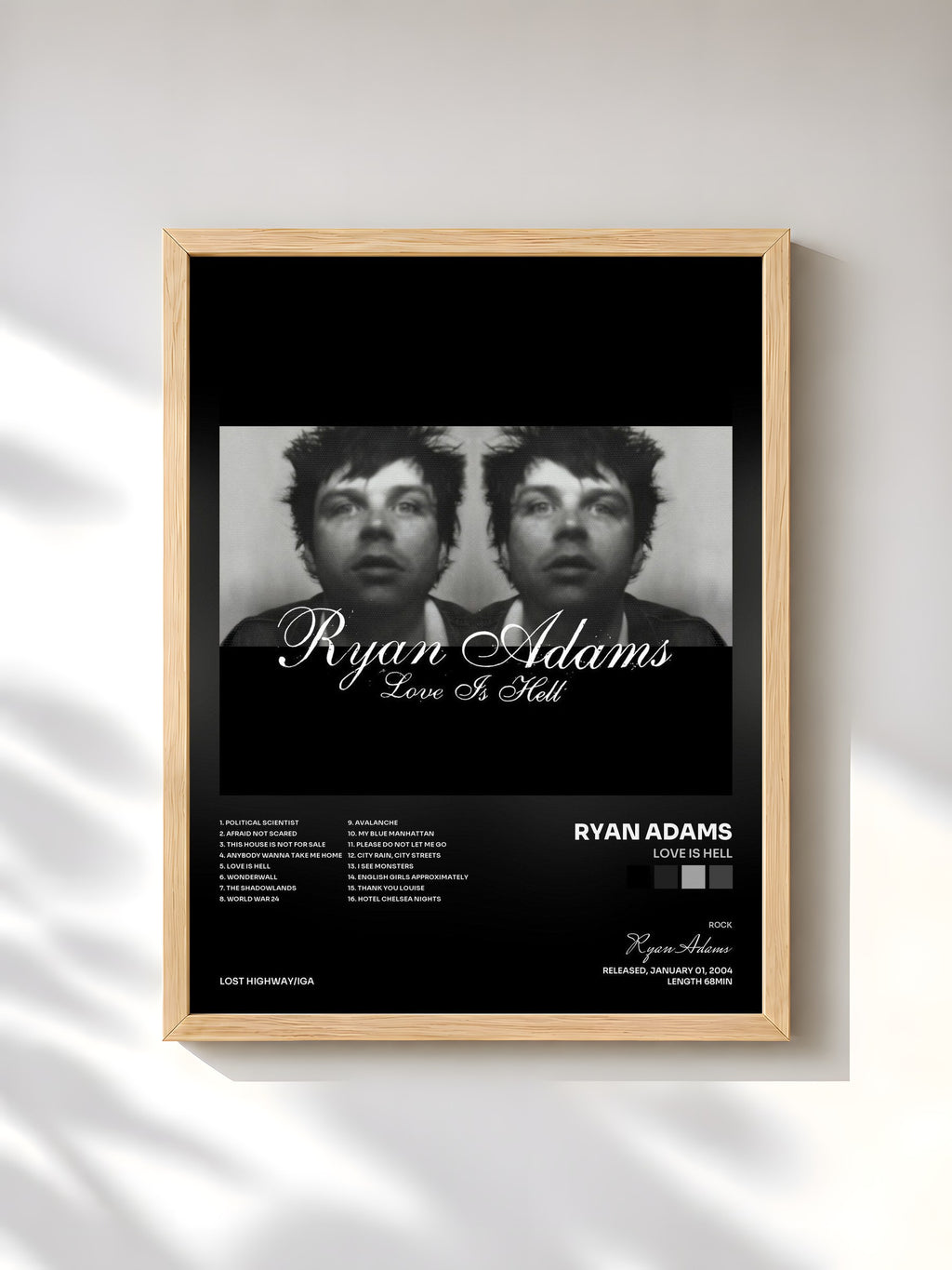 #bois Tableau de l'album Love Is Hell de Ryan Adams, cadre en bois brut, imprimé et encadré en France