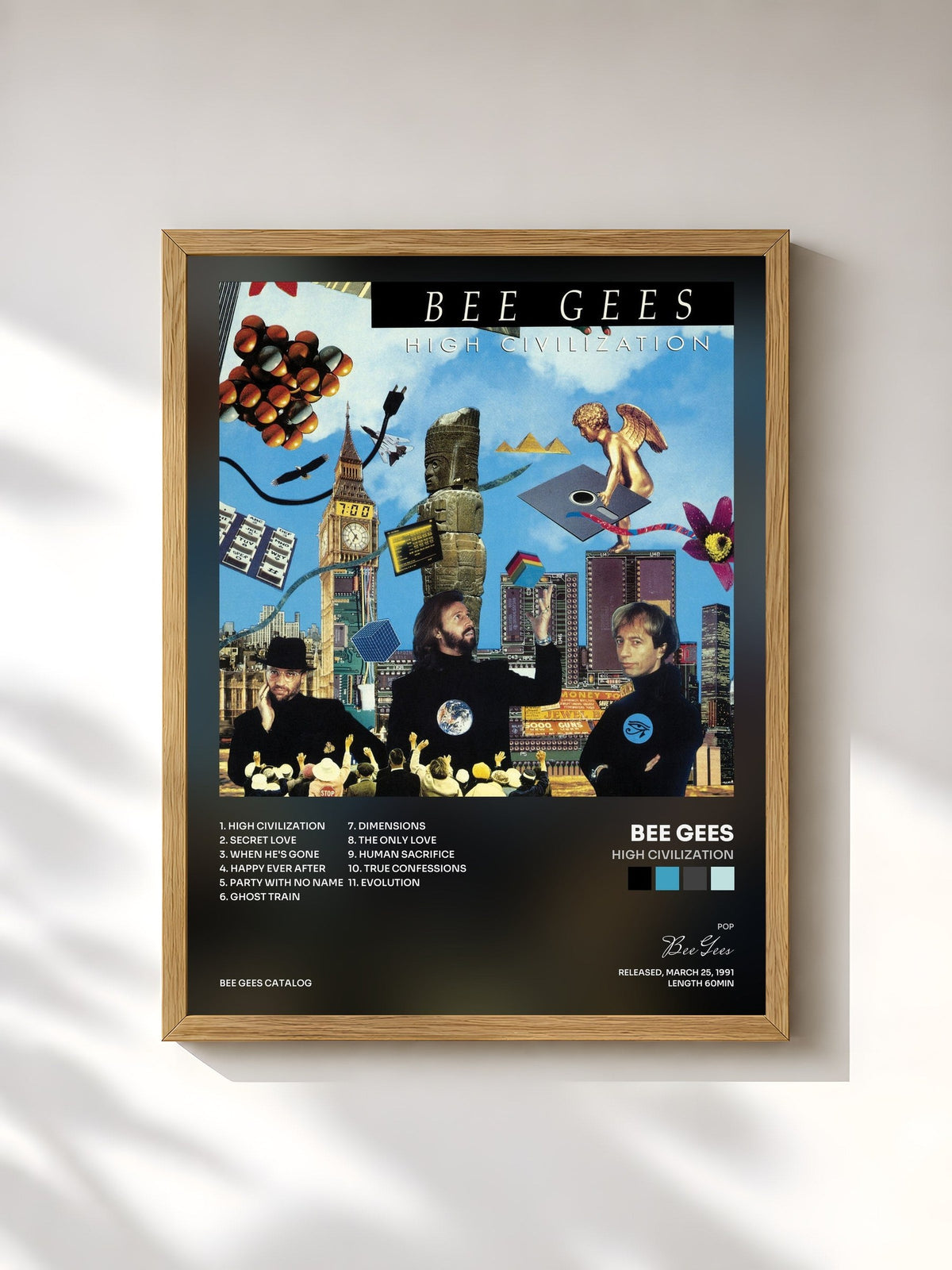 #bois Tableau de l'album High Civilization de Bee Gees, cadre en bois brut, imprimé et encadré en France