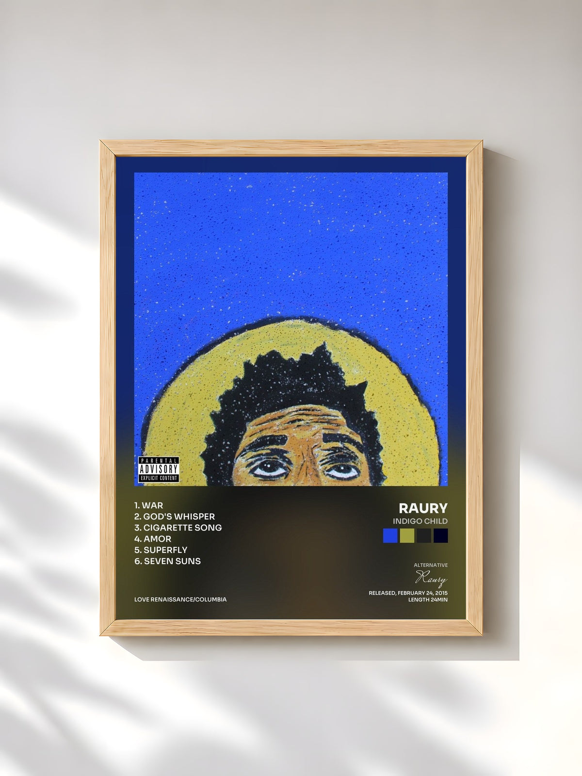 #bois Tableau de l'album Indigo Child de Raury, cadre en bois brut, imprimé et encadré en France