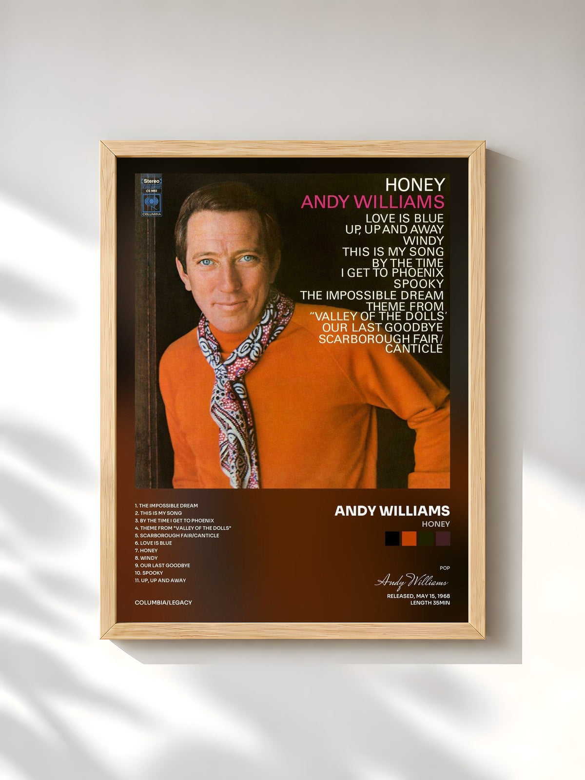 #bois Tableau de l'album Honey de Andy Williams, cadre en bois brut, imprimé et encadré en France